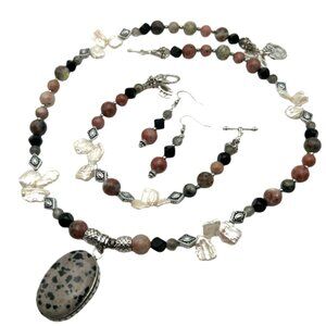 Dalmatian Jasper Pendant - Flower Agate, Black Obsidian, Moonstone, Keishi Pearl